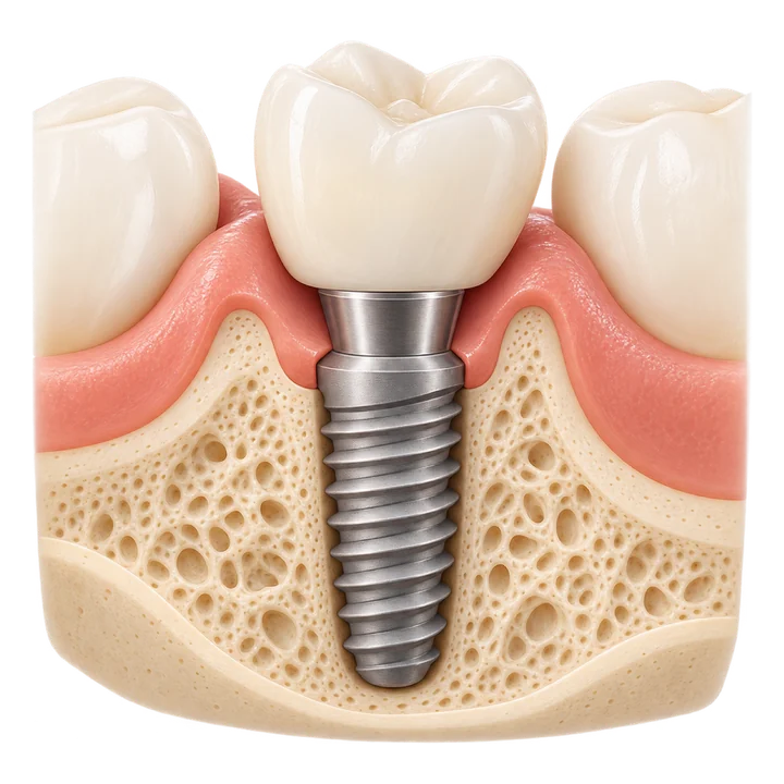 Corte de um implante dentário com coroa instalada no osso