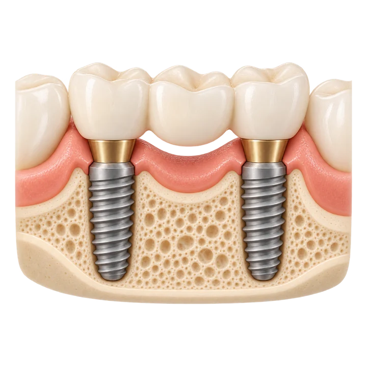 Corte da mandíbula com dois implantes sustentando uma ponte fixa de três dentes